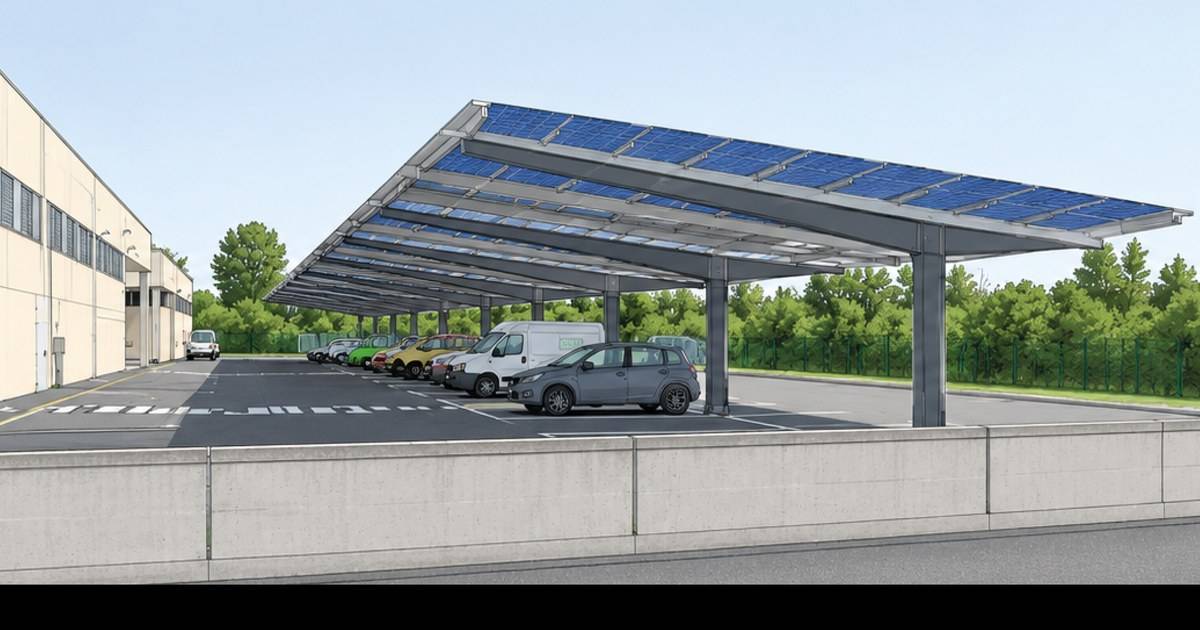 pensiline-fotovoltaiche-parcheggio-aziendale Tavola di progetto di pensiline fotovoltaiche su parcheggio: pianta, sezione e dettaglio del pilastro