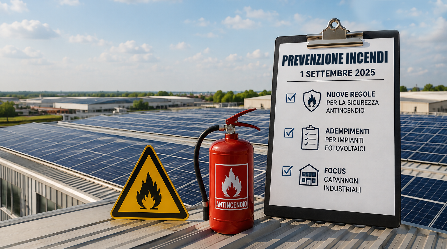 prevenzione-incendi-fotovoltaico-capannone_def Estintore e cartello di pericolo incendio su una copertura industriale con impianto fotovoltaico, accanto a una scheda con le nuove regole antincendio in vigore dal 1° settembre 2025